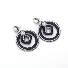 Dangle Earrings Hollow Round Square Real Black Snake Leather Pave Freshwater Pearl Rhinestone Pendant Charms For Women