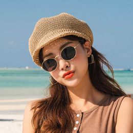 2021 Octagonal Straw Women Summer Thin Newsboy Cap Painter Adjustable Rope Knitted Beret Mesh Breathable Boinas Para Mujer