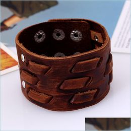 Bangle Retro Brown Weave Leather Bangle Cuff Mtilayer Wrap Button Adjustable Bracelet Wristand For Men Women Fashion Jewellery Drop De Dhlt8