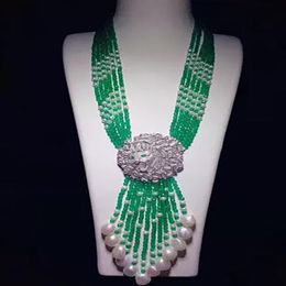 AAA natural 6row 4mm GREEN jade bead necklace Leopard head inlay zircon accessories Flower tassel long sweater necklace