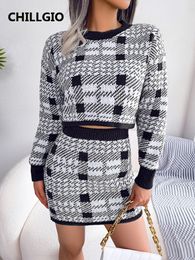 Two Piece Dress Casual Dresses CHILLGIO Women Plaid Two Piece Suits Fashion Office Lady Knitting Sweater Elastic Bodycon Pencil Skirt Autumn Winter Knitted