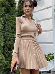 Two Piece Dress Casual Dresses Two Piece Sweater Outfits Set Women Knitted Tops And Pleated Mini Skirts Long Sleeve V Neck Button Up Streetwear Sexy Skirt