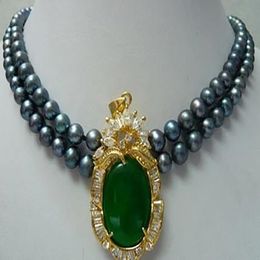 2 Rows Freshwater Black 7-8mm Pearl Emerald Jade Crystal Pendant Necklace 17-18"