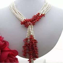 Hand knotted natural 3strands 5-7mm white freshwater pearl red coral necklace long 50"