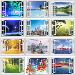 Wall Stickers 3d Fake Window For Office Living Room Bedroom Home Decoration Sea Hill Animal Forest Space Scenery Mural Art Decal