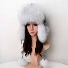 Berets 2022 Winter Fur Hats With Flower Tops Leather Bomber Leifeng Caps Eamuffs Catcher Earmuffs Snow Ski