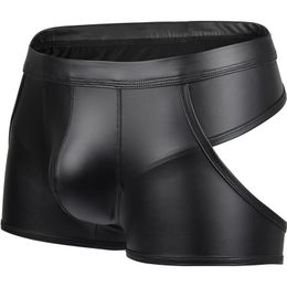 Underpants Imitation Leather Mens Sexy Patent Underwear Hollow Stage Nightclub Boxer Gay Panties Backless Tanga Hombre