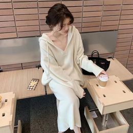 Two Piece Dress Casual Dresses Korean Autumn Winter Women Clothing Twopiece Suit Highlevel Hooded Knitted Sweater Midcalf Skirt Set Daily 221121