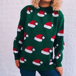 Women's Knits Tees New Fashion Christmas Hat Pattern Sweater Crew Neck Long Sleeve Tops New Year Knitted Pullover Women Thickened Warm Pull Clothes T221012