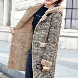 Women's Wool Blends Plaid Coat Thic Velvet Thickened Warm Mid-Length Jackets Hooded en coat Ladies Winter Jacket Faux Fur 221121