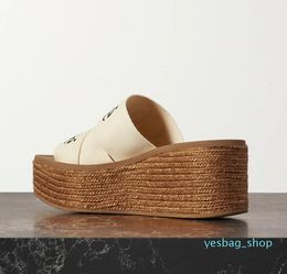Summer Women's Woody Sandals Letter Print Canvas Espadrille Platform Slides Cross Weave Wedges Slipper EU35-42 BOX