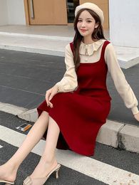 Casual Dresses Solid Doll Collar Knitted Dress Women Autumn Winter Long Sleeve Patchwork Slim Sweater Ladies Sweet Korean Fashion