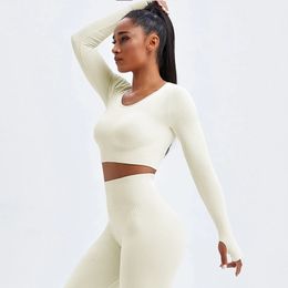 Womens Two Piece Pants Ribbed Women Sets Fitness Suit Seamless Sportswear Sexy Gym Clothing Stripe Legging Long Sleeve Sport Outfits Woman Tracksuit 221121