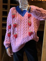 Women's T Shirts Sweet Strawberry Sweater Cardigan Coat Autumn Loose Female V-Neck Knit Top Cherry/flower Student Jacket 2022