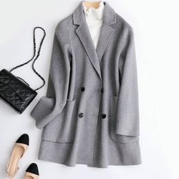 Women's Wool Blends Autumn Midi Length Coat Turn Down Collar Drouble Button Design 100% Grey Black en Casaco Feminino 221121