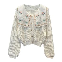 Women's cute peter pan collar sweater flower embroidery knitted single breasted cardigan coat SML