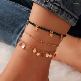 Anklets 3pcs/sets Boho Gold Colour Wafer Tassel For Women Charms Beaded Star Adjustable Summer Jewellery Accessories 14383