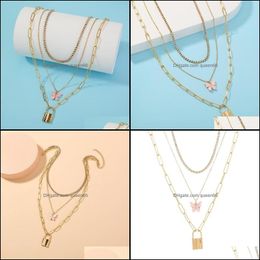 Pendant Necklaces Butterfly Lock Pendant Necklaces Gold Chains Mti Layer Stackings Iced Out Choker Necklace Collar For Women Fashion Dhrgp