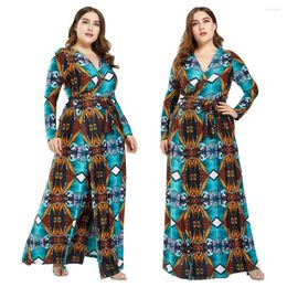 Ethnic Clothing Boho Plus Size Women Printed Floral Loose Maxi Dress Muslim Abaya Irregular Holiday Beach Wrap Slit Belted Long Sundress