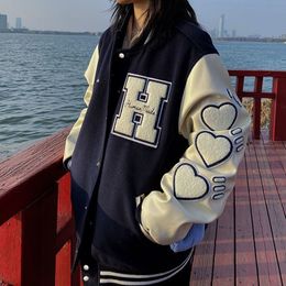 Women's Down Parkas Love towel embroidered jacket men women Korean loose student spring autumn stitching jacket American baseball uniform top 221121