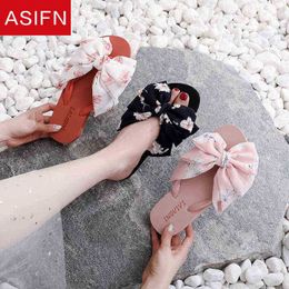 Asifn 2021 Summer Cute Women Slippers Chiffon Bow Anti Slip Fashion Ladies Shoes Flat Bottom Anti Slip Wear Resistant Sandals J220716