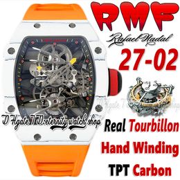 RMF ysf27-02 Mens Watch Real Tourbillon Mechanical Hand Winding TPT Quartz Carbon Fibre Case Skeleton Dial Orange Rubber Strap Super Edition Sport eternity Watches