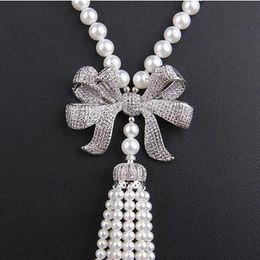 white natural 8-9mm 32inch freshwater pearl luxury multilayer sweater chain necklace fine jewelry inlay zircon tassel long