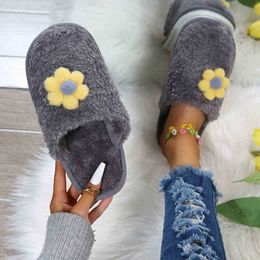 Slippers Women Fashion Coloured Flower Decorated Plush Warm ClosedToe Shoes Slippers Indoor Bedroom Antislip Soft Floor Shoes J220716