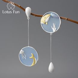 Charm Lotus Fun Agate Exclusive Gemstone Underwater World Whale Asymmetrical Long Drop Earrings for Women 925 Sterling Silver Jewellery 221119