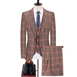 Mens Suits Blazers Pants Vest Set 3 Pieces Business Casual Fashion Three Piece Plaid Suit Jacket Coat Trousers Waistcoat 221121