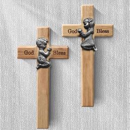 Christmas Decorations Wooden Cross With Kneeling Praying Kid Decor Hanging Blessing Wall Handmade Ornament For Indoor Outdoor H88F