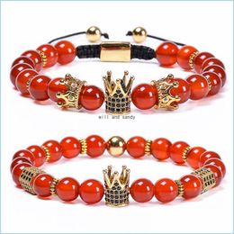 Beaded Natural Stone Red Agate Crown Bracelet Bead Copper Microinlaid Zircon Bracelets Adjustable Braided For Women Men Fashion Jewe Dh3R0