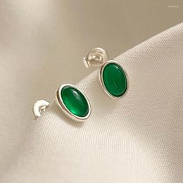 Stud Earrings 18K Gold 9mm 17mm Authentic 925 Sterling Silver Green Agate Oval Ear Ear-Bone Jewelry C-C970