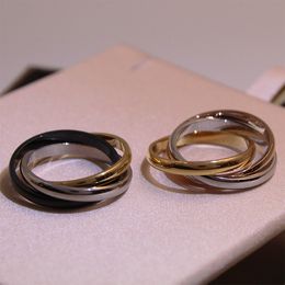 Nova moda anel de casamento para homem aço inoxidável extravagante anel de amor logotipo gravado ouro prata rosa 3 círculos anéis mulheres homens joias de casamento tamanho 5-11