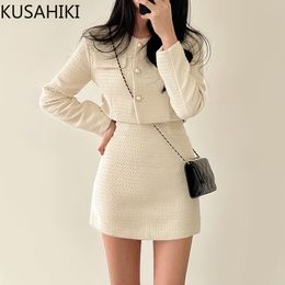 Two Piece Dress Casual Dresses KUSAHIKI Korea Chic Autumn Womens Two Peice Sets Long Sleeve Oneck Tweed Women Coat High Waist Aline Mini Skirt Outfits