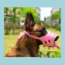 Dog Collars Leashes Adjustable Pet Dog Muzzles Collars Pu Biting Barking Walking Safe Muzzle Head Dogs Supplies Black Pink Drop De Dhw0I