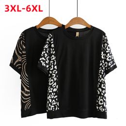 Damen-T-Shirt in Übergröße, Damen-Sommer-Oberteile in Übergröße für Frauen, große Größe, kurzärmelig, lockeres T-Shirt aus schwarzer Baumwolle mit Leopardenmuster, 3XL 4XL 5XL 6XL 221121