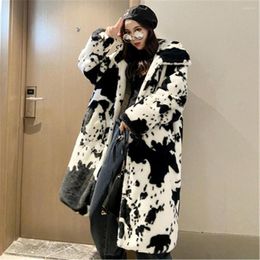 Women's Fur Women's Faux Coat Winter Cows Pattern Hooded Large Size Female Overcoats Imitate Coats Loose Lady Outerwear