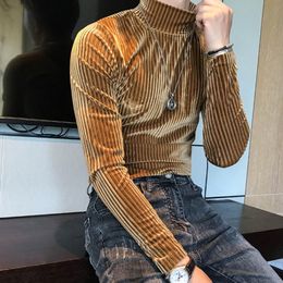 Men's TShirts Autumn Winter Turtleneck Velvet TShirt Men Slim Striped Casual Tight TShirt Men Long Sleeve Club Clothing Camiseta Homme 221121