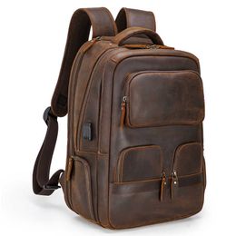 Custom Vintage Pure Cowhide Laptop Back Pack Bag with Usb Charging Port Men Full Grain Genuine Cow Real Leather Backpack