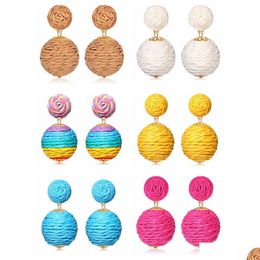 Stud 6Pcs Women Rattan Earrings Stud Boho Handmade St Raffia Drop Geometric Lantern Dangle Earring For Girls Summer Beach Jewellery Del Dhnbf