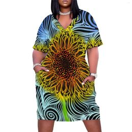Plus Size Dresses Neon Sunflower Dress Bold Modern Art Street Wear Casual Female Holiday V Neck Gift Idea