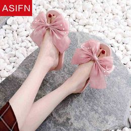 Asifn Cute Lady Style Bow Flip Flop Platform Sandals Pearl Decoration Antislip Flat Slippers Summer Slippers Wholesale J220716