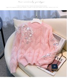 Women's o-neck paillette sweater shinny bling sequined knitwear jumpers SMLXL