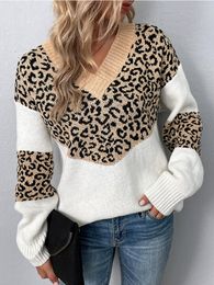 QNPQYX Autumn Street Sweater Women Winter V-neck Collision Leopard Print Sweater Female Pullover Tops with Long Sleeve Female Jumpers