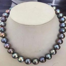 HUGE PERFECT 10-11mm TAHITIAN BLACK RED GREEN PEARL NECKLACE 17.5"