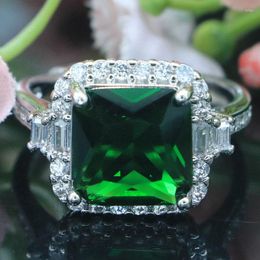Cluster Rings 17x14mm Highly Recommend 4.6g Square Green Emerald White CZ Women Gift Silver Ring Engagement Wedding