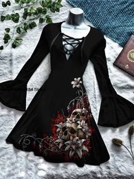 Casual Dresse s Vintage Print Flare Long Sleeve Evening Party Swing Dress Halloween Holiday Decoration Sexy Drawstring Costume 221121