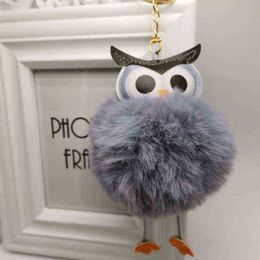 Keychains Cute Owl Fur Ball Keychain Women's Leather Doll Animal Car Bag Pendant Key Ring Fashion Trend Gift T220909