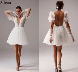 Plunging V Neck Mini A Line Wedding Dresses Tulle Pearls Beaded Boho Beach Bridal Gowns With Puffy Short Sleeves Sexy Open Back White Reception Dress For Bride CL1490